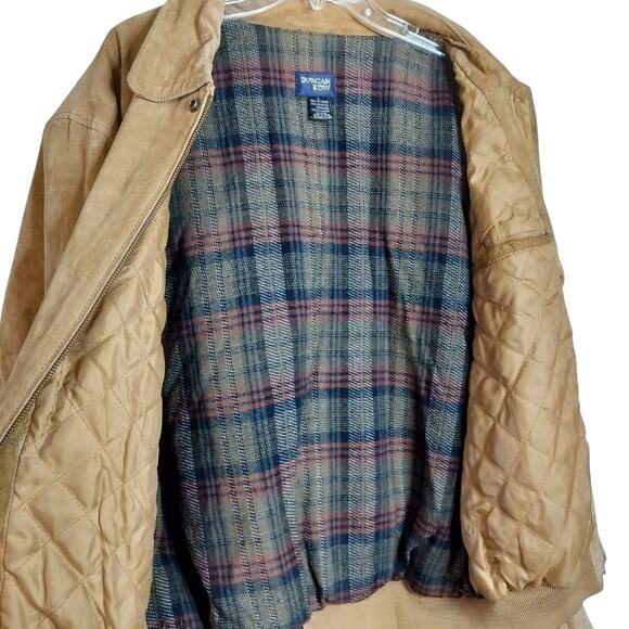 M788) Vintage Duncan Row Large Tan Leather Bomber Plaid Lined Jacket - Picture 7 of 13